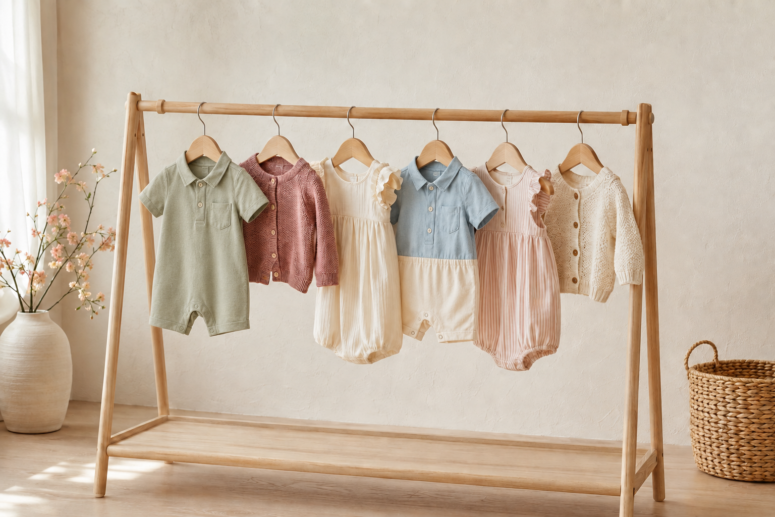 Girls' and boys' boutique infant clothing in cream, blush, sage, and powder blue on a wooden rack